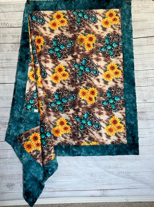 Turquoise Cross and Sunflowers on Mallard Luxe 55x80 Large Minky Blanket