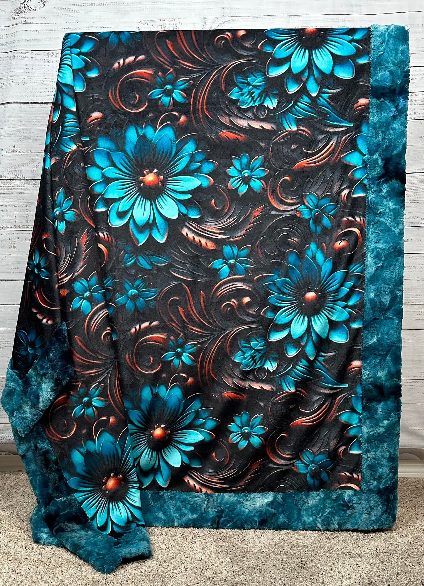 Tooled Leather Turquoise Floral on Galaxy Luxe 55x79 Large Minky Blanket