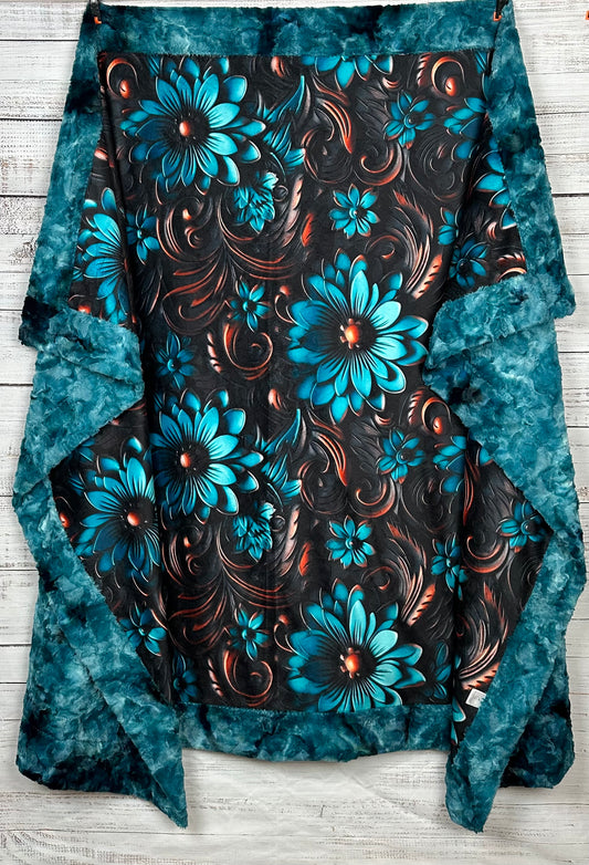 Tooled Leather Turquoise Floral on Galaxy Luxe 55x79 Large Minky Blanket