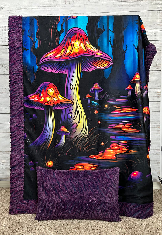 Psychedelic Mushrooms on Dewberry Luxe 41x60 Throw/Travel/Toddler Minky Blanket with 12x18 Pillowcase