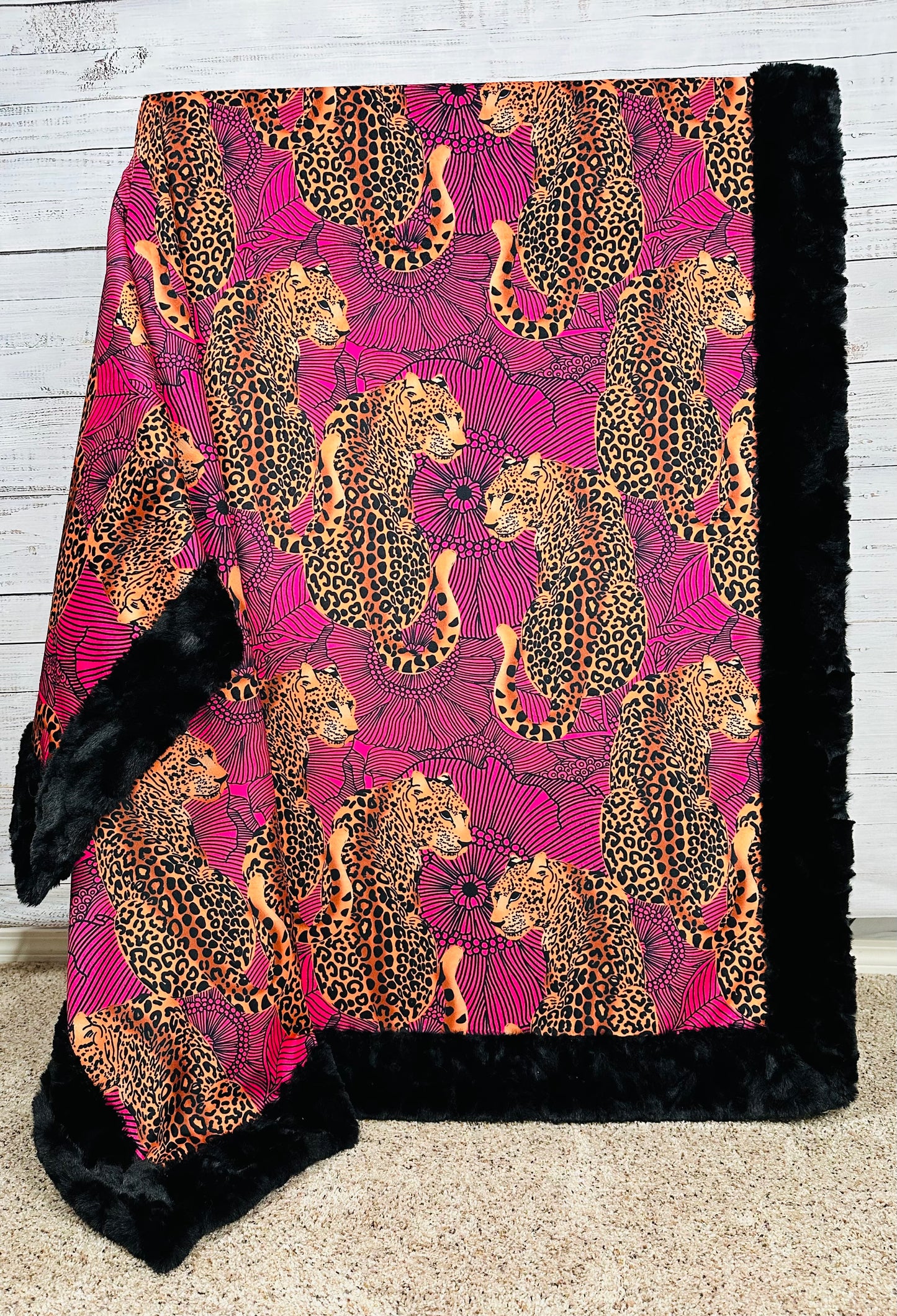 Leopard Hot Pink  Kaleidoscope on Black Tuscany 55x79 Large blanket