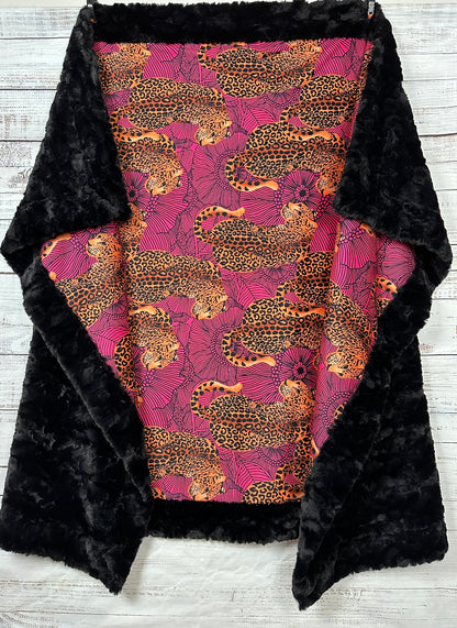 Leopard Hot Pink  Kaleidoscope on Black Tuscany 55x79 Large blanket