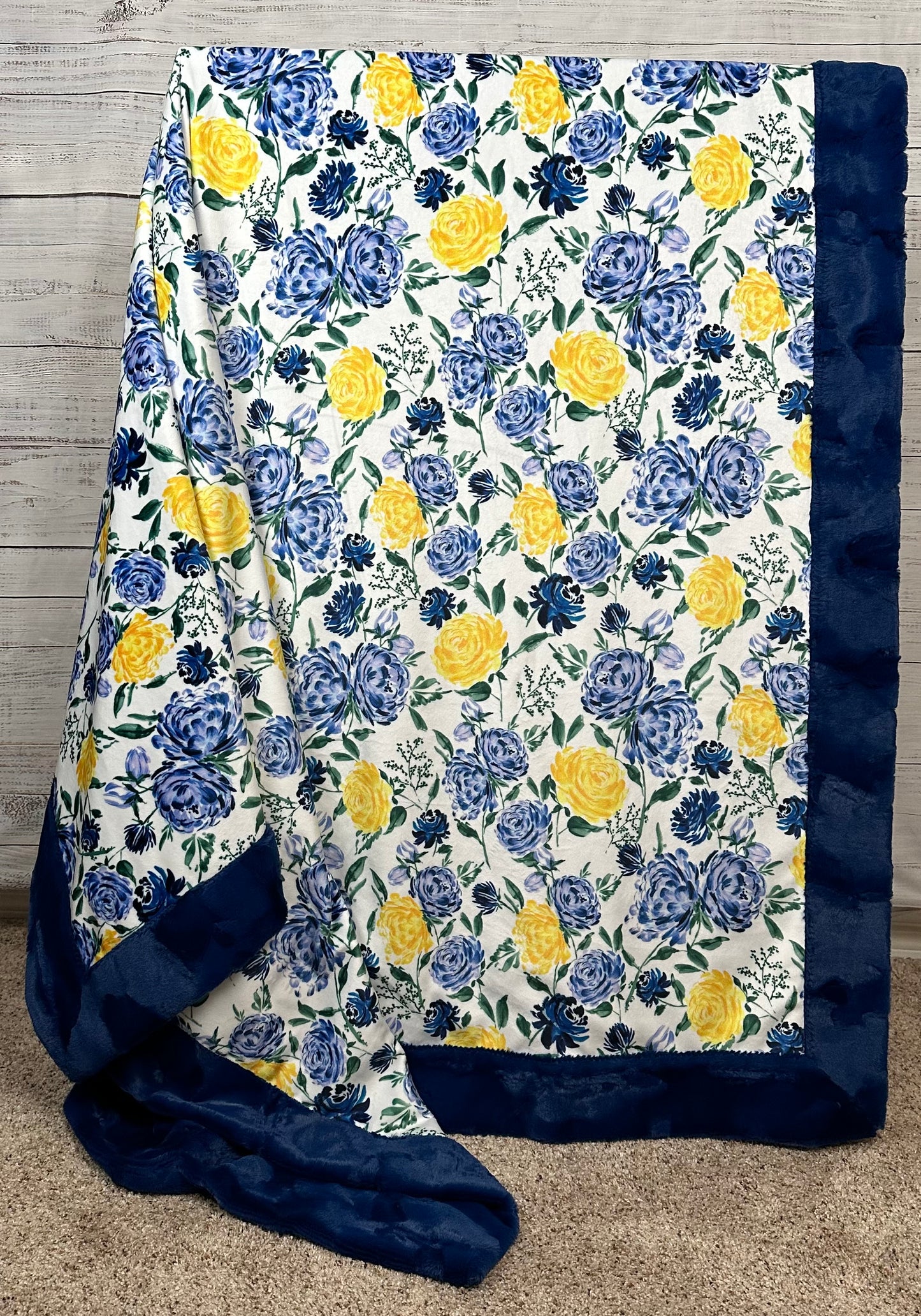 Floral Blue and Yellow Rose on Marble Midnight Large Adult 53x77