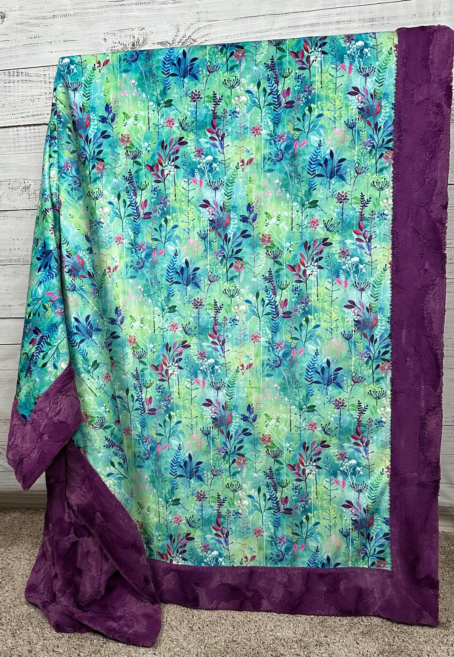 Hummingbird Flowers on Luxe Berry Purple Adult Large Minky Blanket 55x76