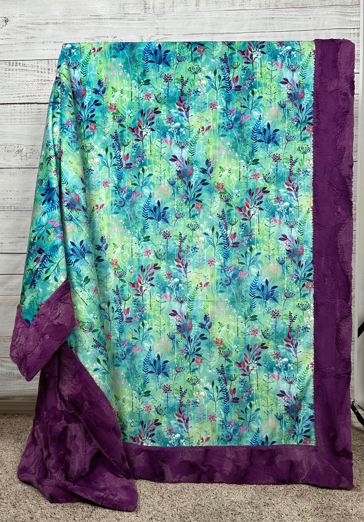 Hummingbird Flowers on Luxe Berry Purple Adult Large Minky Blanket 55x76