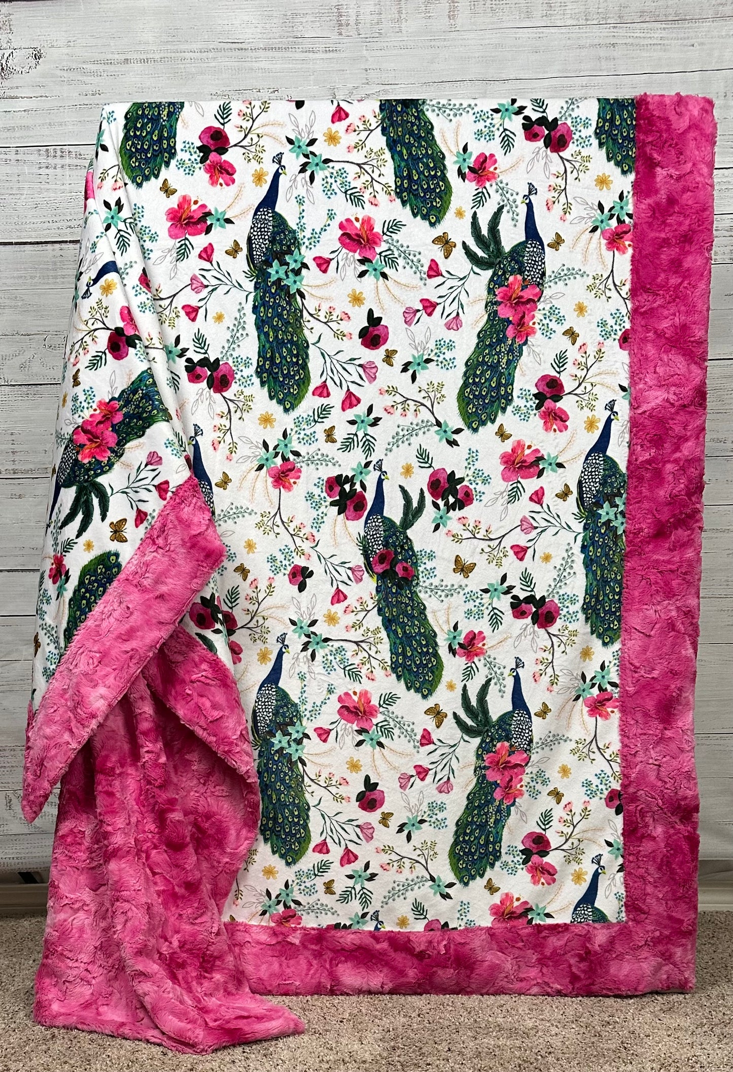 Plume Peacock Floral Fuchsia Marble Adult Large Minky Blanket - 55x79