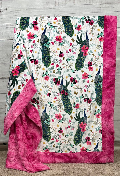 Plume Peacock Floral Fuchsia Marble Adult Large Minky Blanket - 55x79