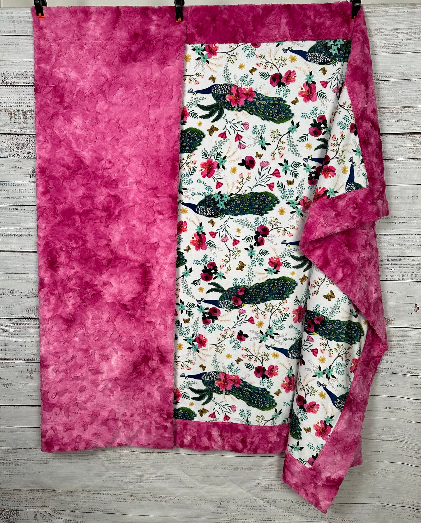 Plume Peacock Floral Fuchsia Marble Adult Large Minky Blanket - 55x79