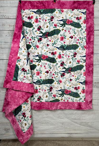 Plume Peacock Floral Fuchsia Marble Adult Large Minky Blanket - 55x79