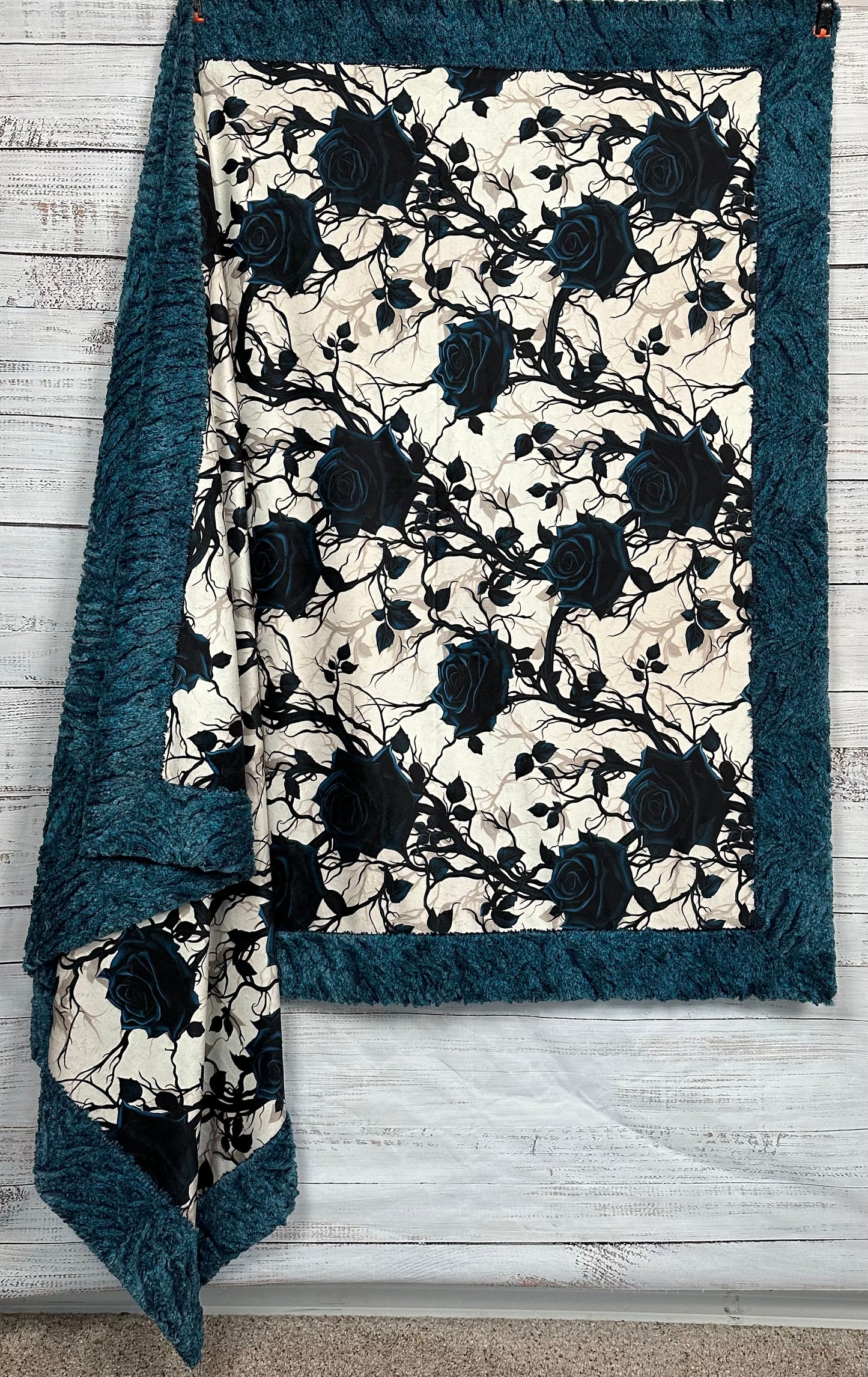 Gothic Black Roses on Heather Zebra Large 54x79 Minky Blanket