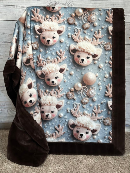 Christmas Reindeer on Brown Luxe Large 54x79 Minky Blanket