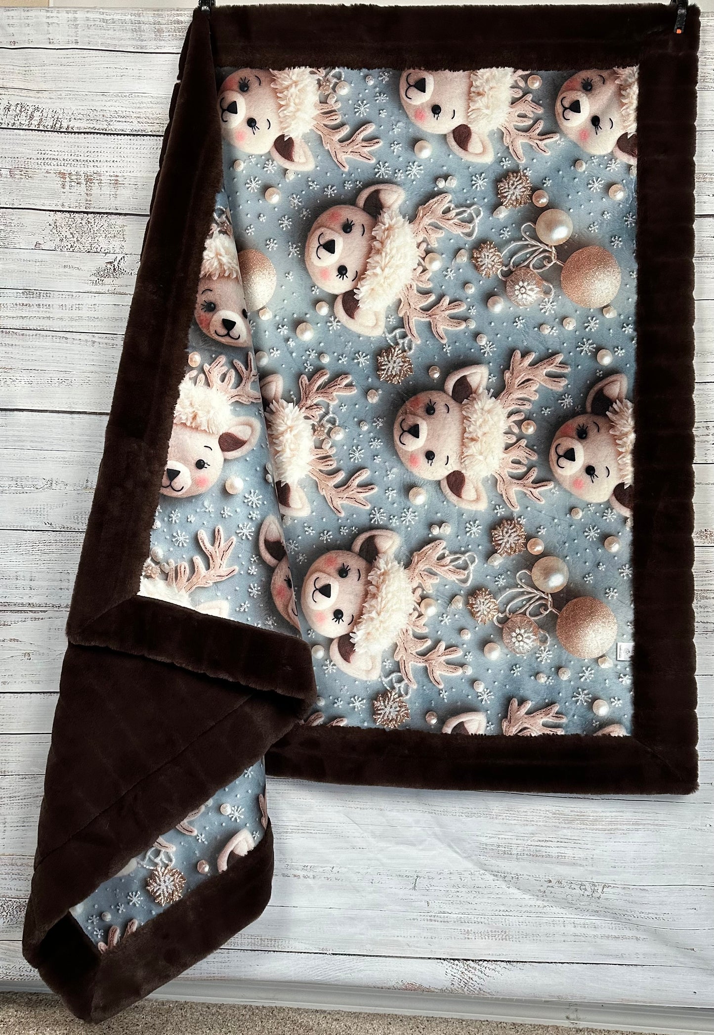 Christmas Reindeer on Brown Luxe Large 54x79 Minky Blanket