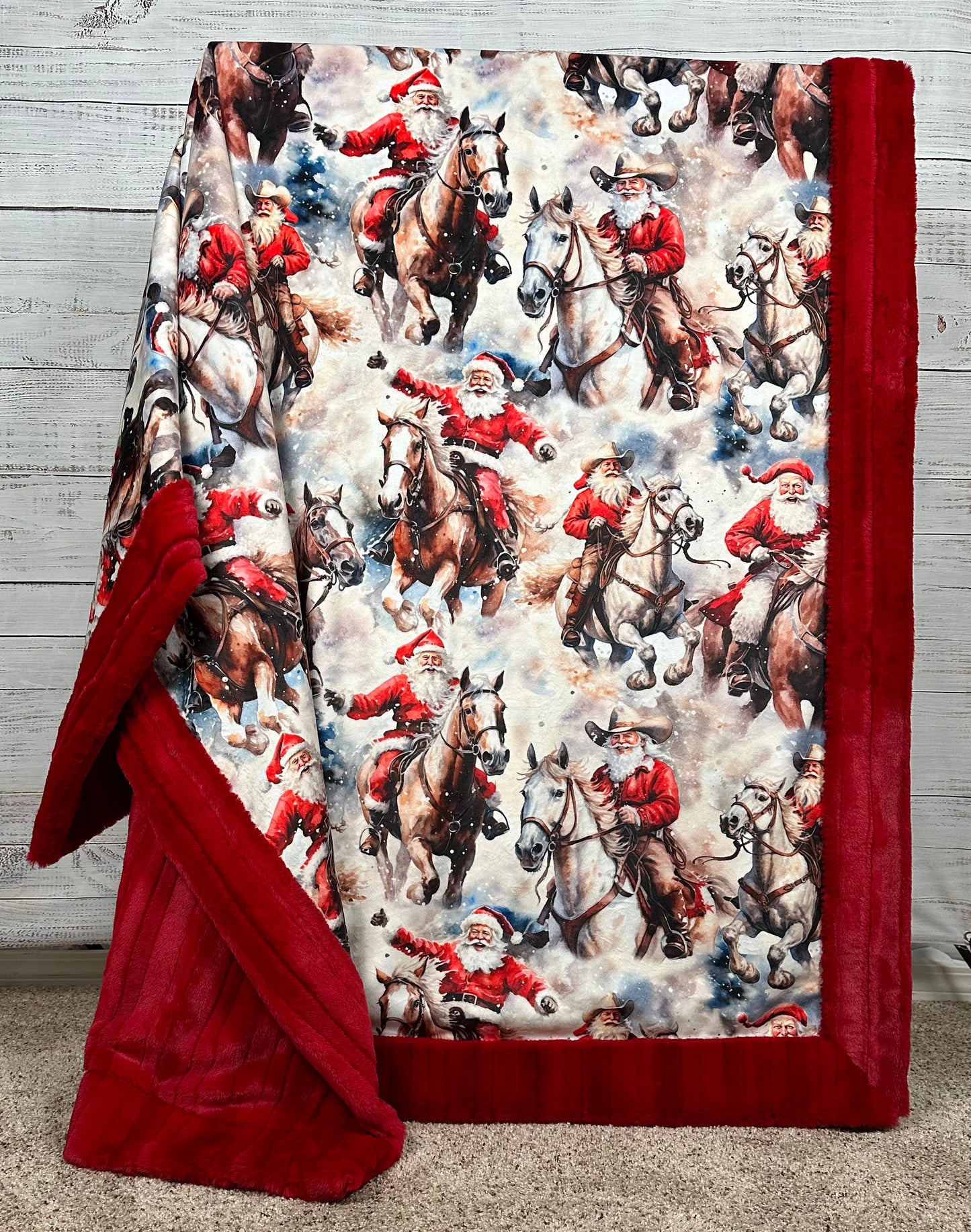 Cowboy Santa on Red Luxe Child, Toddler, Crib, Baby 39x59 Minky Blanket With Pillowcase