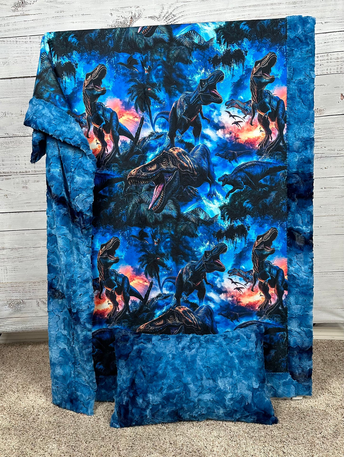 Dinosaur on Blue Luxe 41x60 Child/Toddler Minky Blanket with Pillowcase