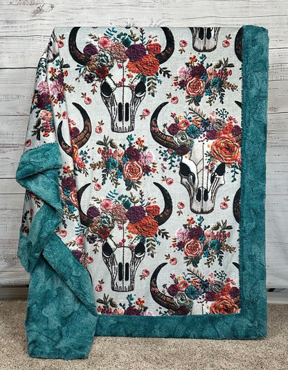 Western Floral Skull Embroidery "Print" on Lagoon Luxe Large 55x79 Minky Blanket