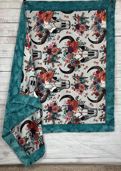 Western Floral Skull Embroidery "Print" on Lagoon Luxe Large 55x79 Minky Blanket