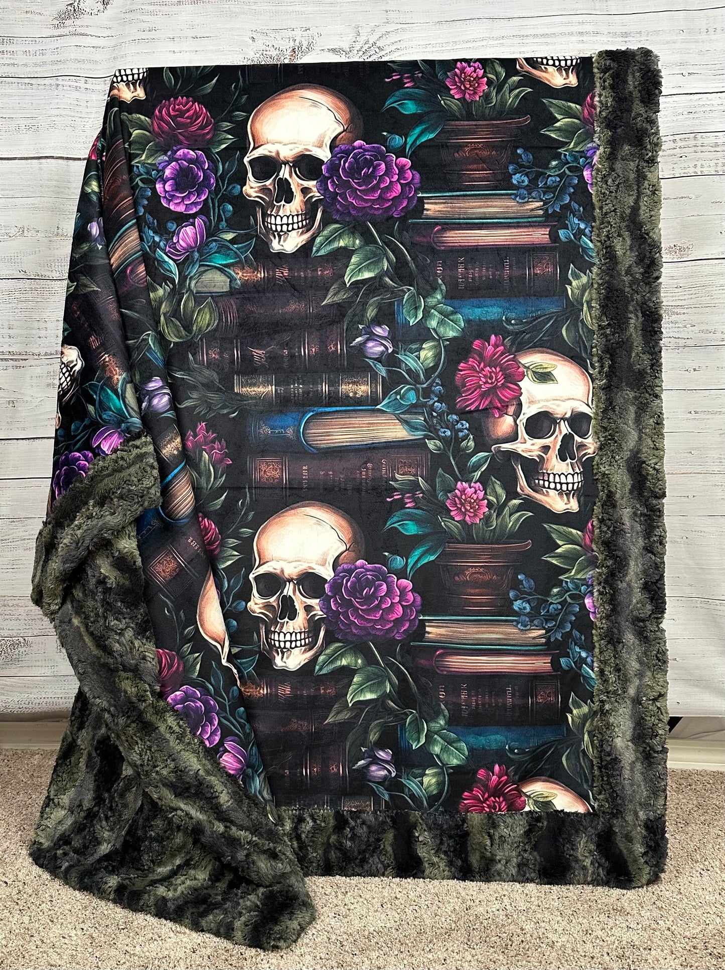 Books and Skulls on Camo Luxe Large 56x80 Minky Blanket