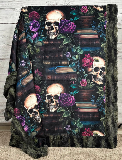 Books and Skulls on Camo Luxe Large 56x80 Minky Blanket