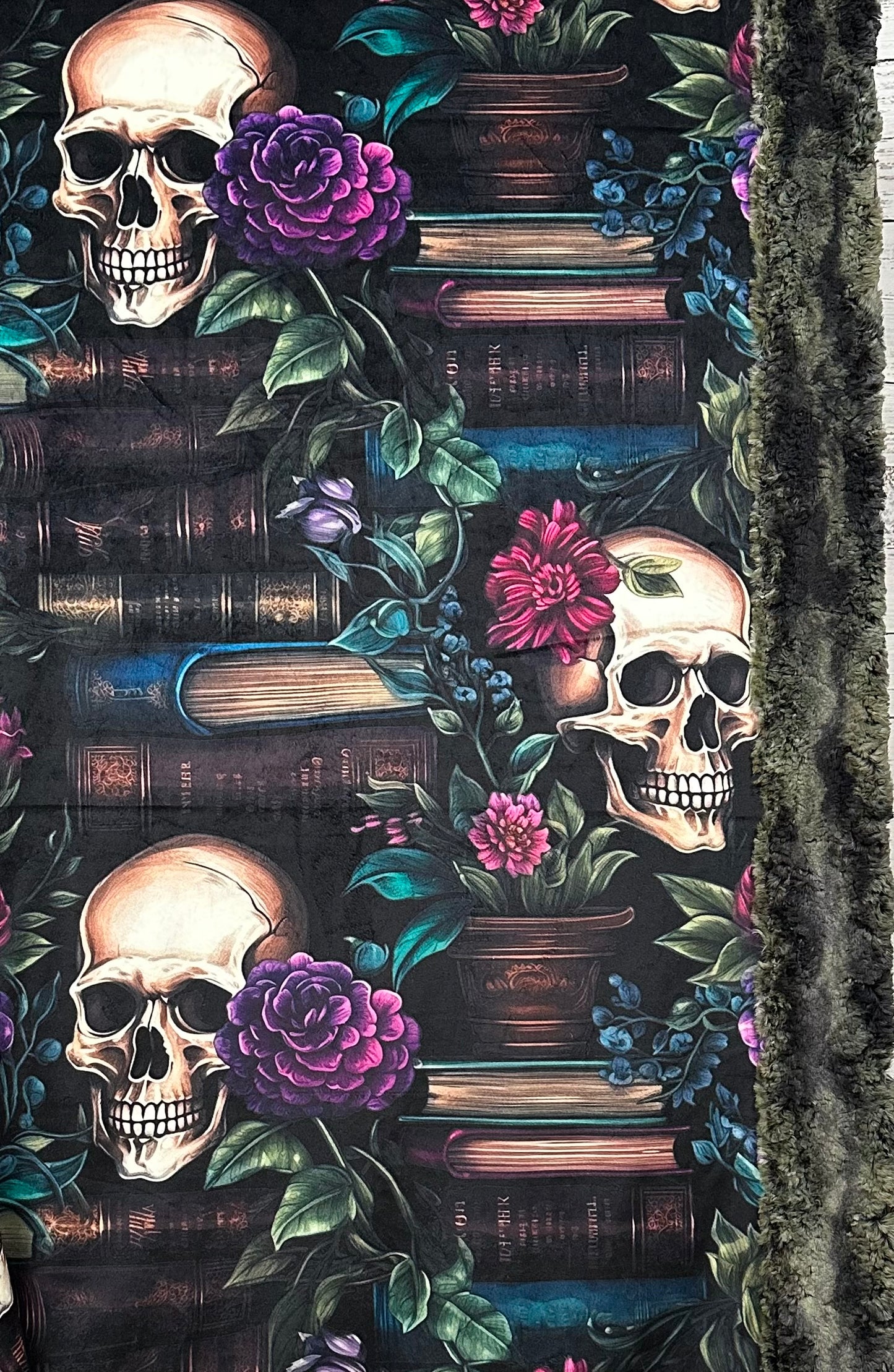 Books and Skulls on Camo Luxe Large 56x80 Minky Blanket