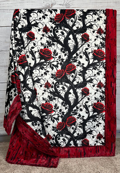 Gothic Red Roses on Cardinal Luxe Large 54x79 Minky Blanket