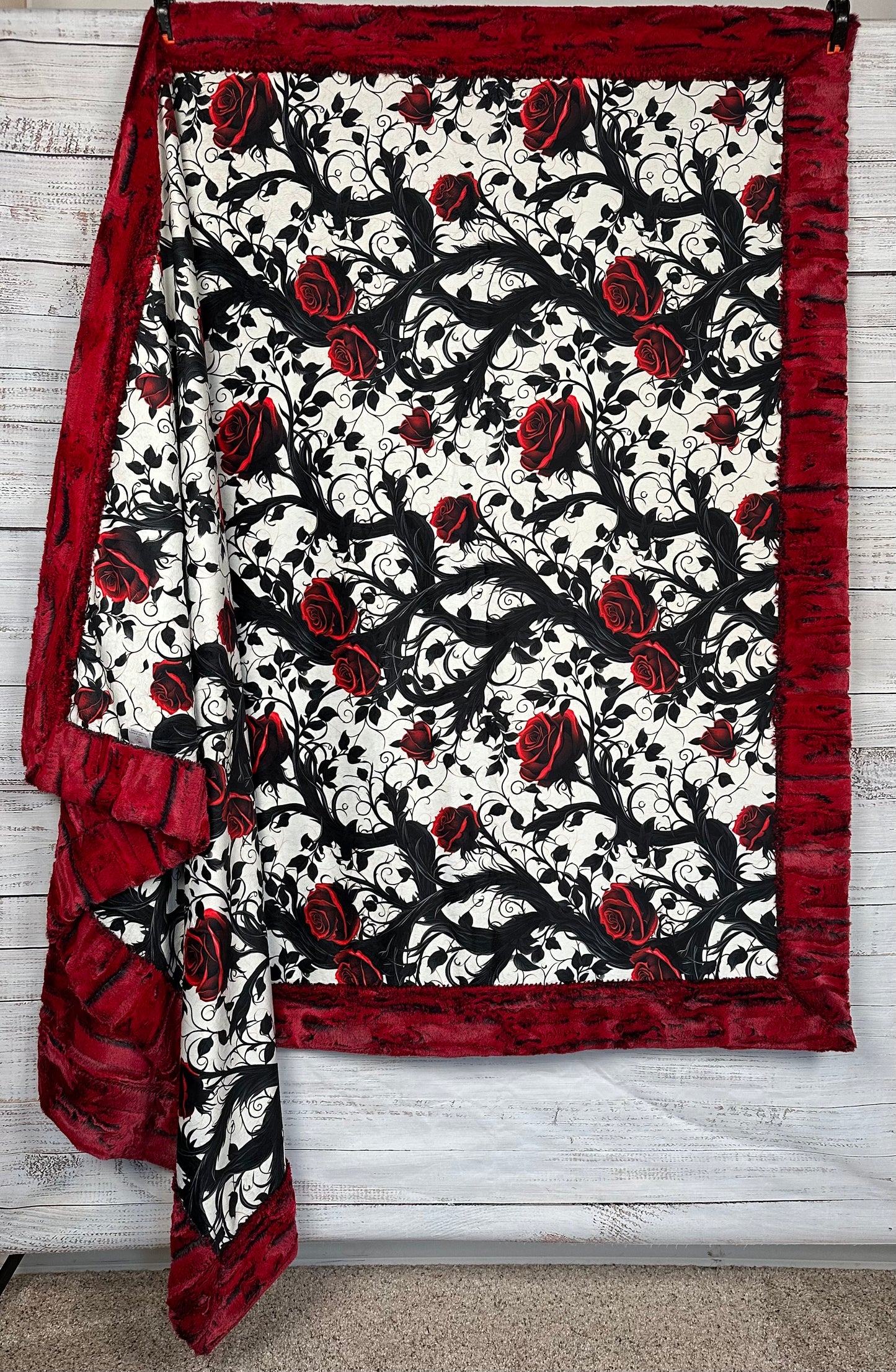 Gothic Red Roses on Cardinal Luxe Large 54x79 Minky Blanket