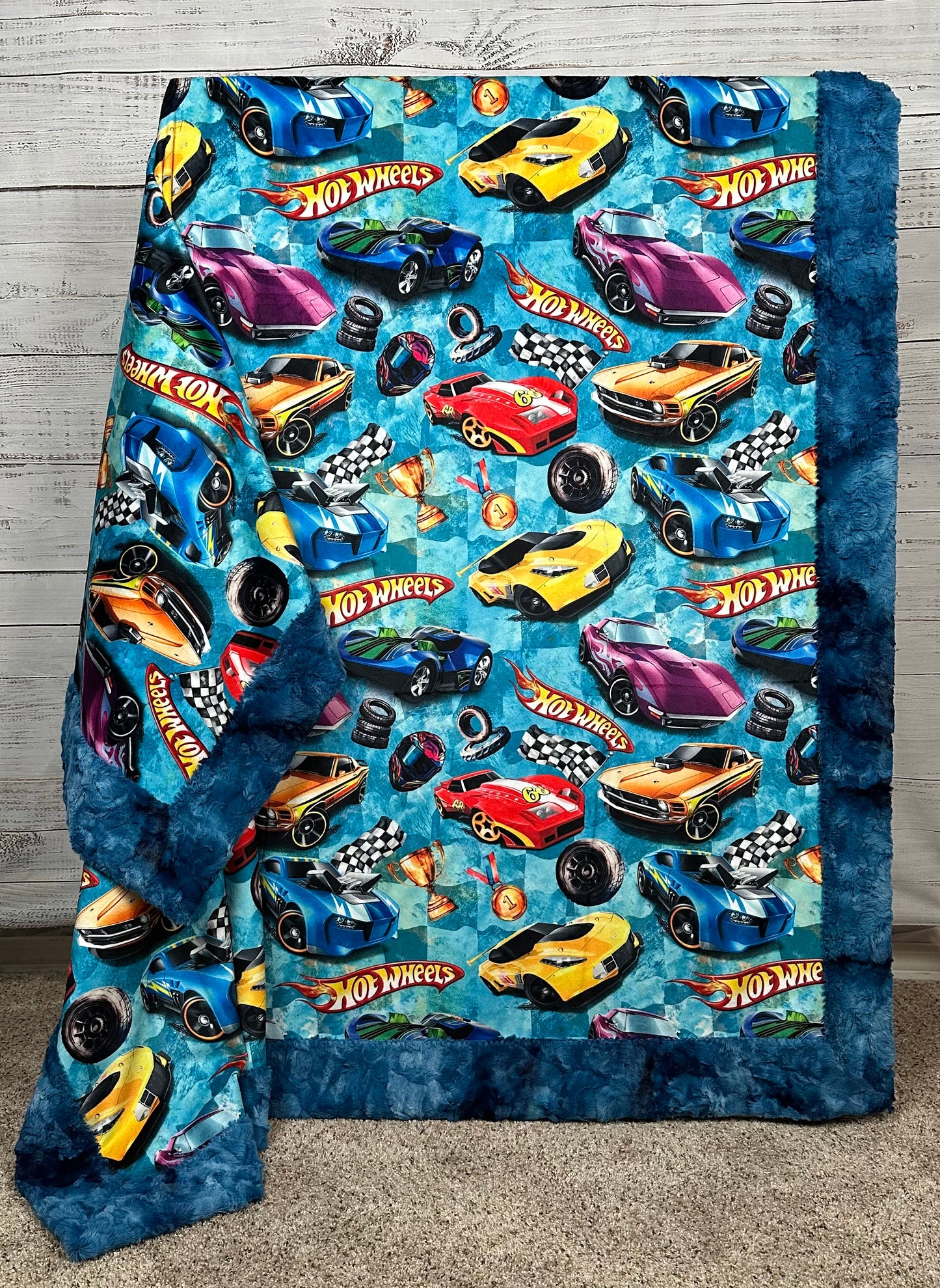 Race Car Enthusiast on Blue Luxe Adult Large 56x79 Minky Blanket