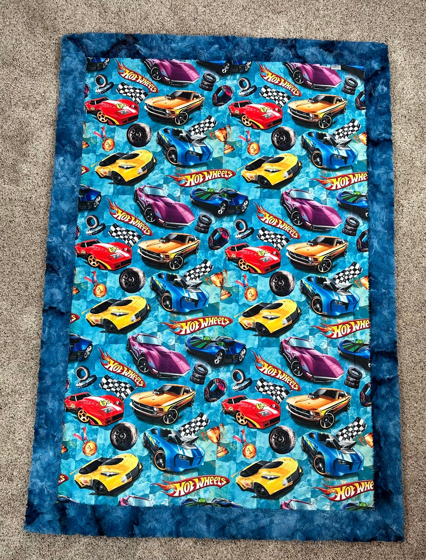 Race Car Enthusiast on Blue Luxe Child Size 42x60 Minky Blanket with Pillowcase