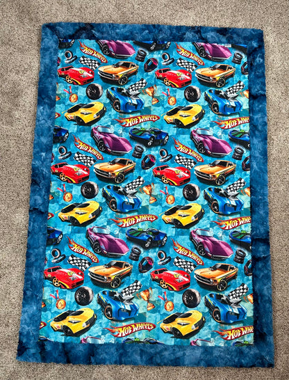 Race Car Enthusiast on Blue Luxe Child Size 42x60 Minky Blanket with Pillowcase