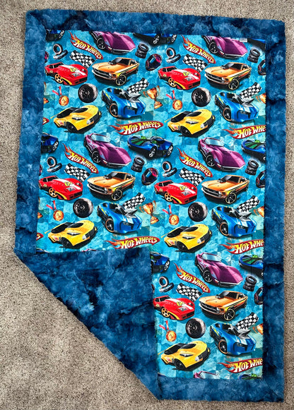 Race Car Enthusiast on Blue Luxe Child Size 42x60 Minky Blanket with Pillowcase