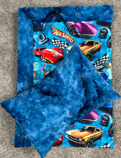 Race Car Enthusiast on Blue Luxe Child Size 42x60 Minky Blanket with Pillowcase