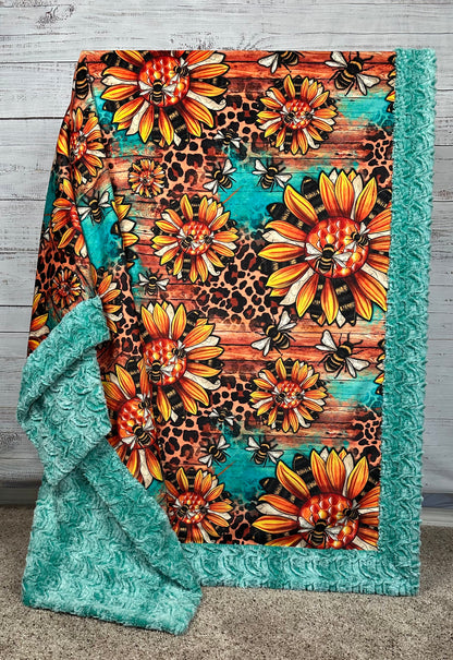 Western Sunflower Bumble Bees on Seafoam Luxe Large 55x79 Large Minky Blanket