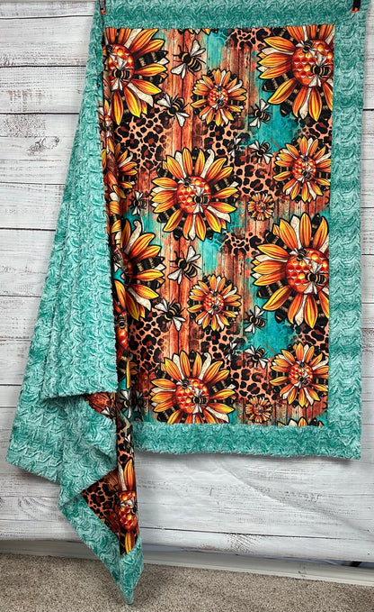 Western Sunflower Bumble Bees on Seafoam Luxe Large 55x79 Large Minky Blanket