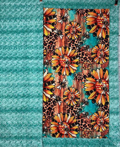 Western Sunflower Bumble Bees on Seafoam Luxe Large 55x79 Large Minky Blanket