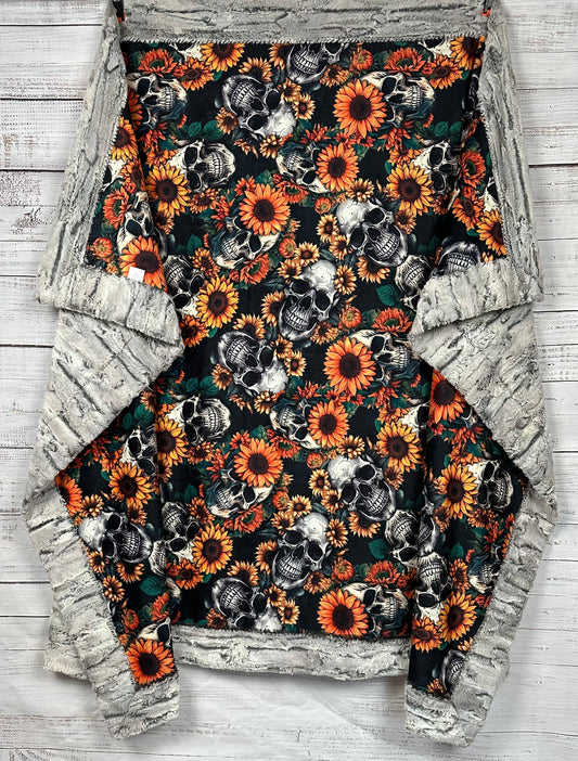 Skull Sunflowers on Silver Fox Luxe Large 54x79 Minky Blanket