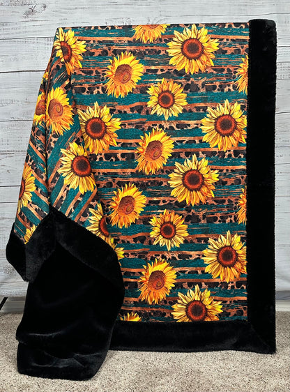 Sunflower Leopard Western on Black Baby Seal Luxe Large 56x80 Minky Blanket