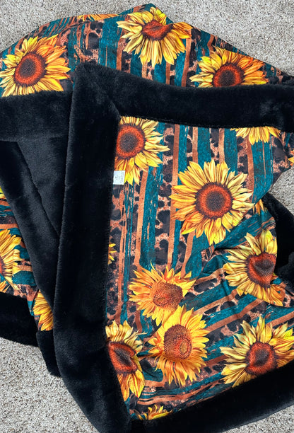 Sunflower Leopard Western on Black Baby Seal Luxe Large 56x80 Minky Blanket