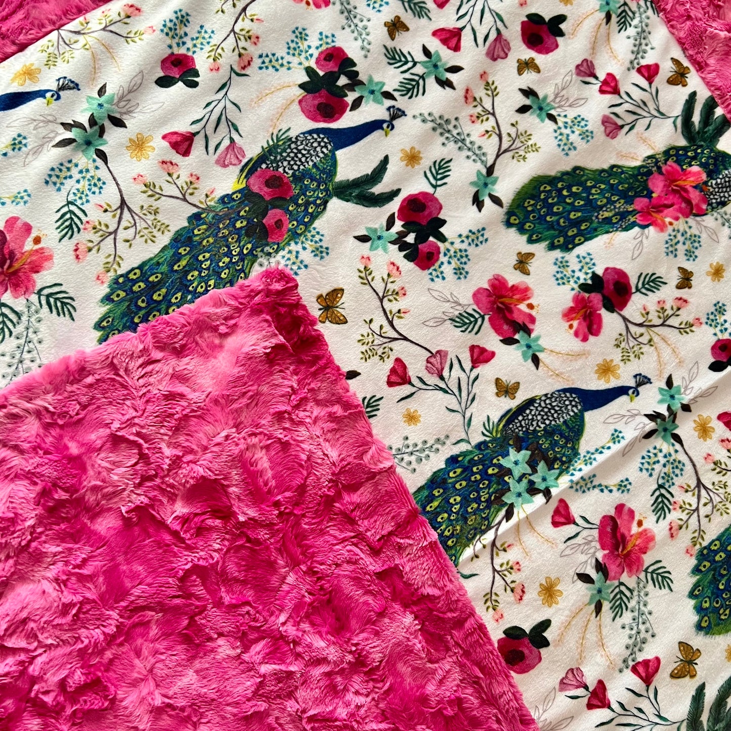 Plume Peacock Floral Fuchsia Marble Adult Large Minky Blanket - 55x79