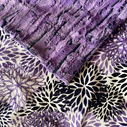 Blooms Indigo Purple Mums on Purple Forest Fox Minky Blanket - Floral Design - 54x73