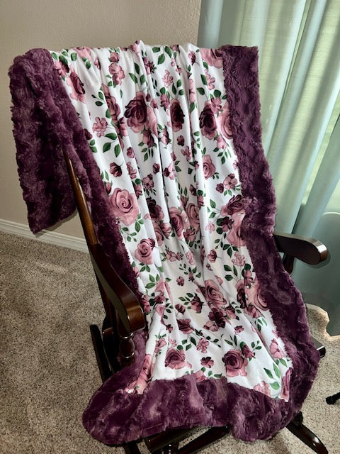 Rose Bouquet Plumwine on Glacier Plumwine large Throw Minky